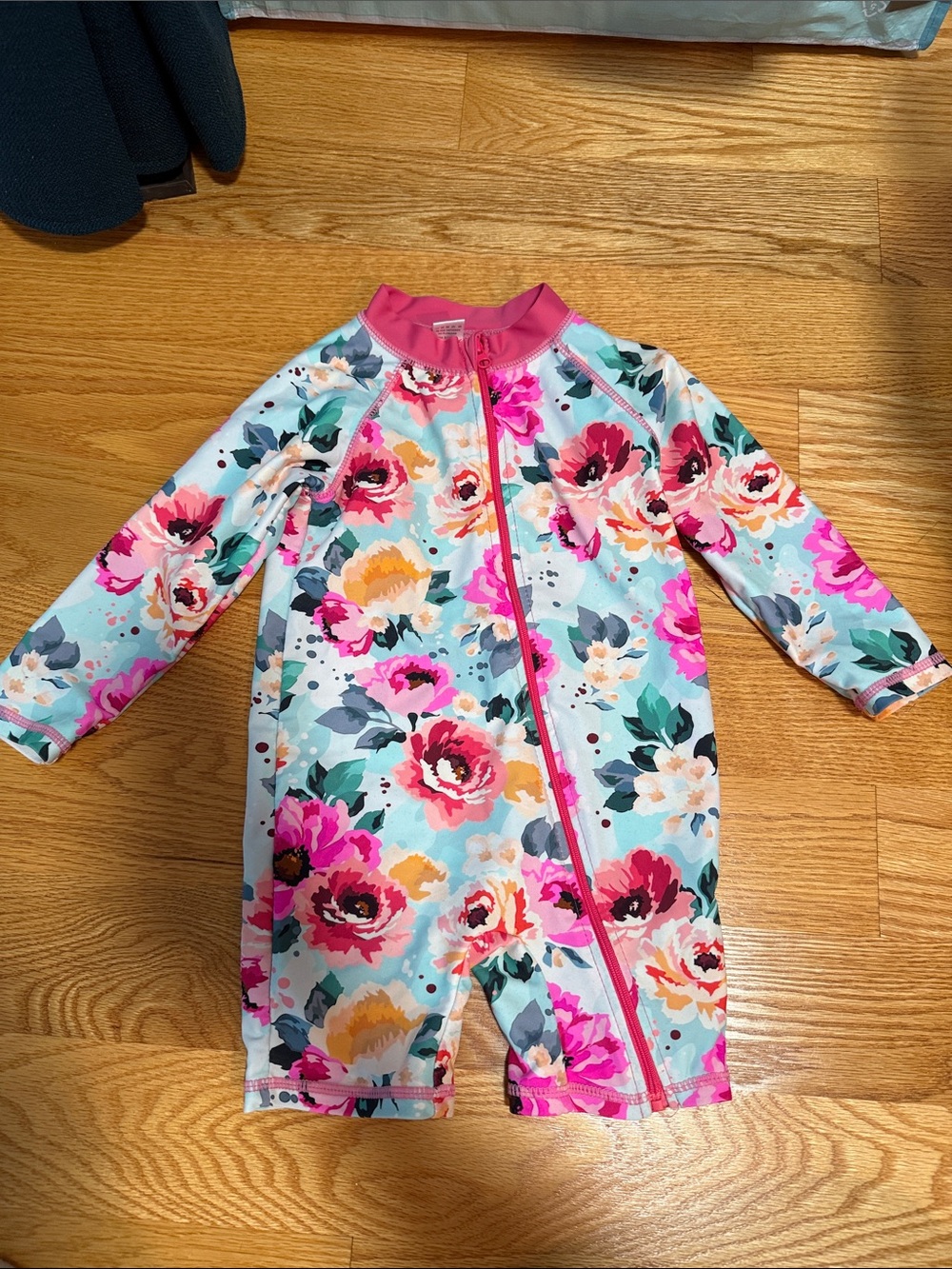Kids Floral Long-Sleeve Zip Front Swim Suit - Pink Floral